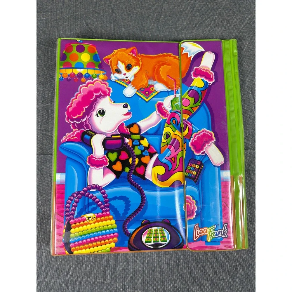 VTG Lisa Frank 3-Ring Binder Prancing Poodle Casey Cat Neon Retro 90s Stationery